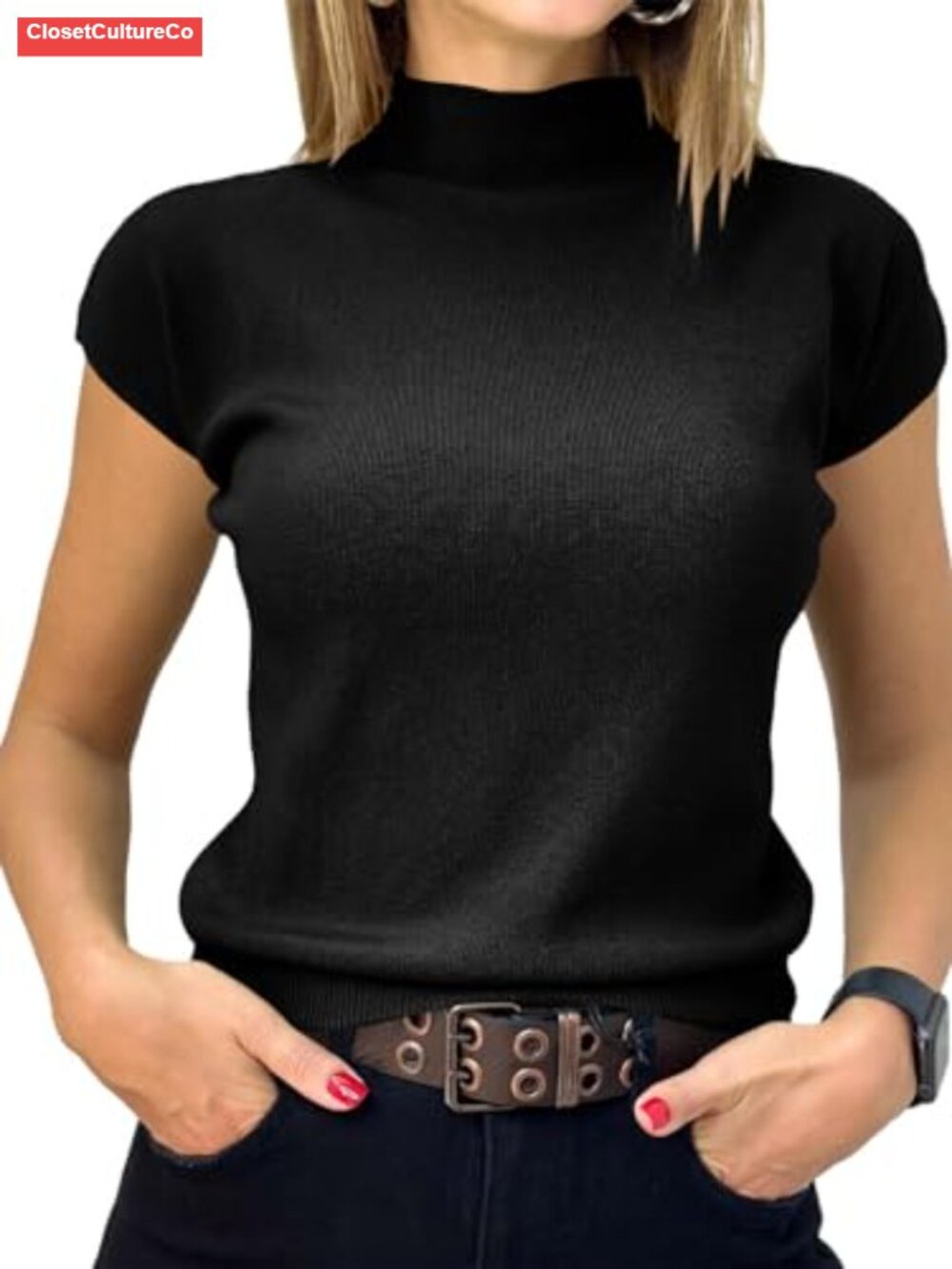 Short Sleeve Mock Neck Ribbed Knit Pullover Sweater Slim Fit Summer Top